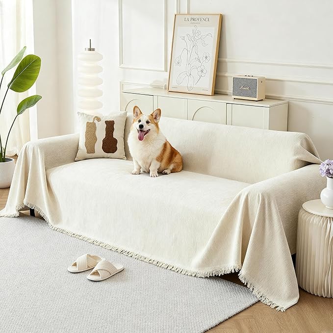 Couch Cover for Dogs, Boho Sofa Covers for 3 Cushion Couch, Chenille Sofa Slipcover for Pets Washable, L-Shape Sectional Couch Loveseat Cover Soft Throw Blankets with Tassels(71x134,Cream)