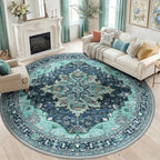 RELEANY Area Rugs 8ft Washable Non-Slip, Floral Vintage Distress Print Pattern Medallion Carpet for Living Room Bedroom Dining Room, Teal Green Lake Blue Turquoise
