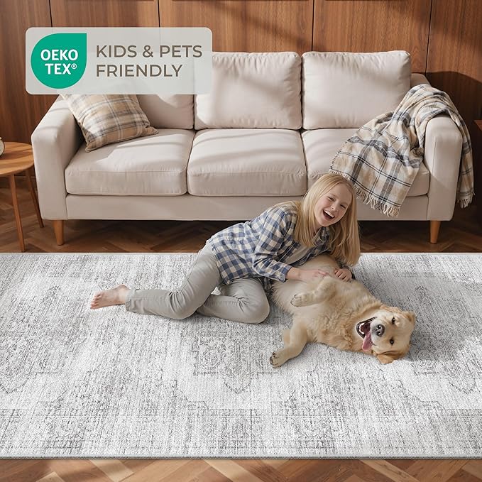 2x10 Runner Rug, Long Hallway Rugs for Dining Room, Living Room, Bedroom, Machine Washable Kitchen Carpet Runner with Rubber Backing, Soft Low Pile Indoor Rug(2'x10', Light Grey/White)