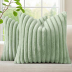 decorUhome Summer Cozy Faux Fur Throw Pillow Covers 16x16 Set of 2 Decorative Soft Plush Striped Modern Farmhouse Boho Couch Pillow Cases with Velvet Back for Sofa Bed Living Room, Sage Green
