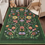 Washable Rug 5x7 Area Rugs for Living Room, Protea Floral Rug for Bedroom, Soft Boho Non Slip Throw Rugs with Rubber Back, Low Pile Stain Resistant Vintage Floral Carpet for Dining Room, Forest Green