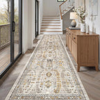Madane Hallway Rug 3x10, Kitchen Rugs Washable Entryway Rug Vintage Kitchen Runners Non Slip Indoor Area Rug Farmhouse Carpet Runner for Bathroom Living Room Bedroom, Brown/Gold