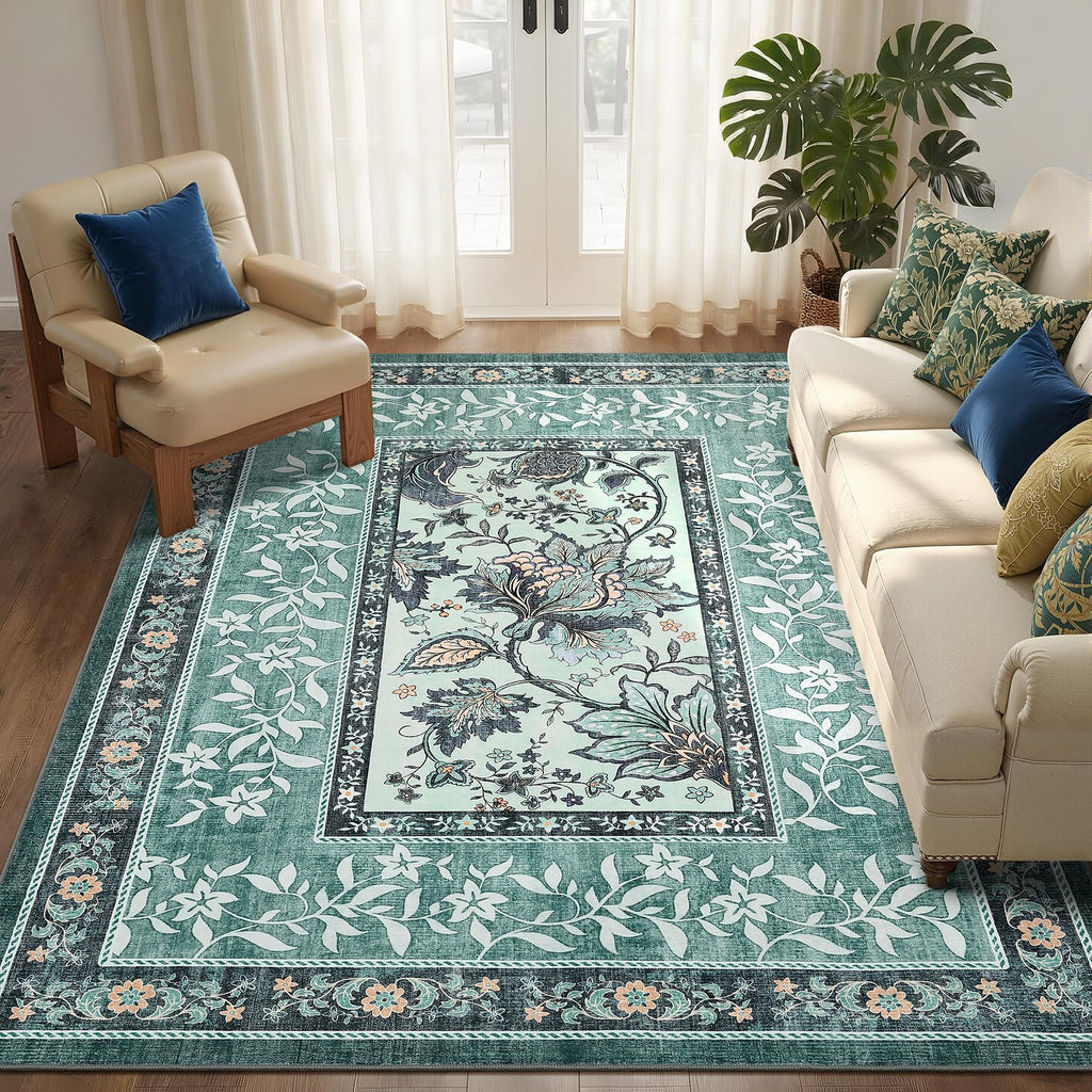 GarveeHome Teal Washable 5x7 Area Rugs, Botanical Grove Vintage Cottage core Non-Slip Rug for Bedroom Living Room Nursery Kitchen Low-Pile Retro Carpet
