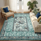GarveeHome Teal Washable 5x7 Area Rugs, Botanical Grove Vintage Cottage core Non-Slip Rug for Bedroom Living Room Nursery Kitchen Low-Pile Retro Carpet