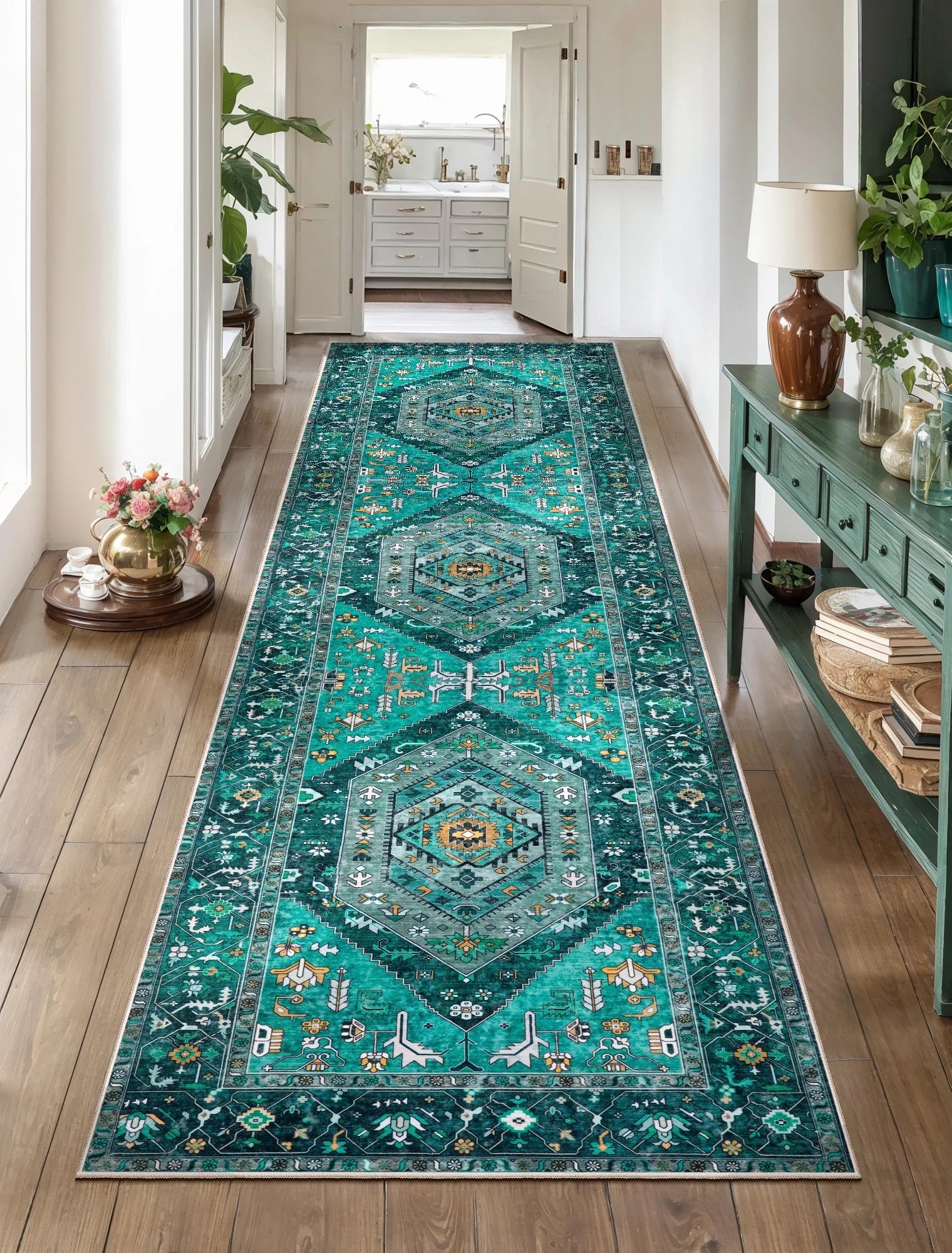SERISSA 2'6"x8' Washable Non Slip Boho Runner Rug for Hallway，Teal