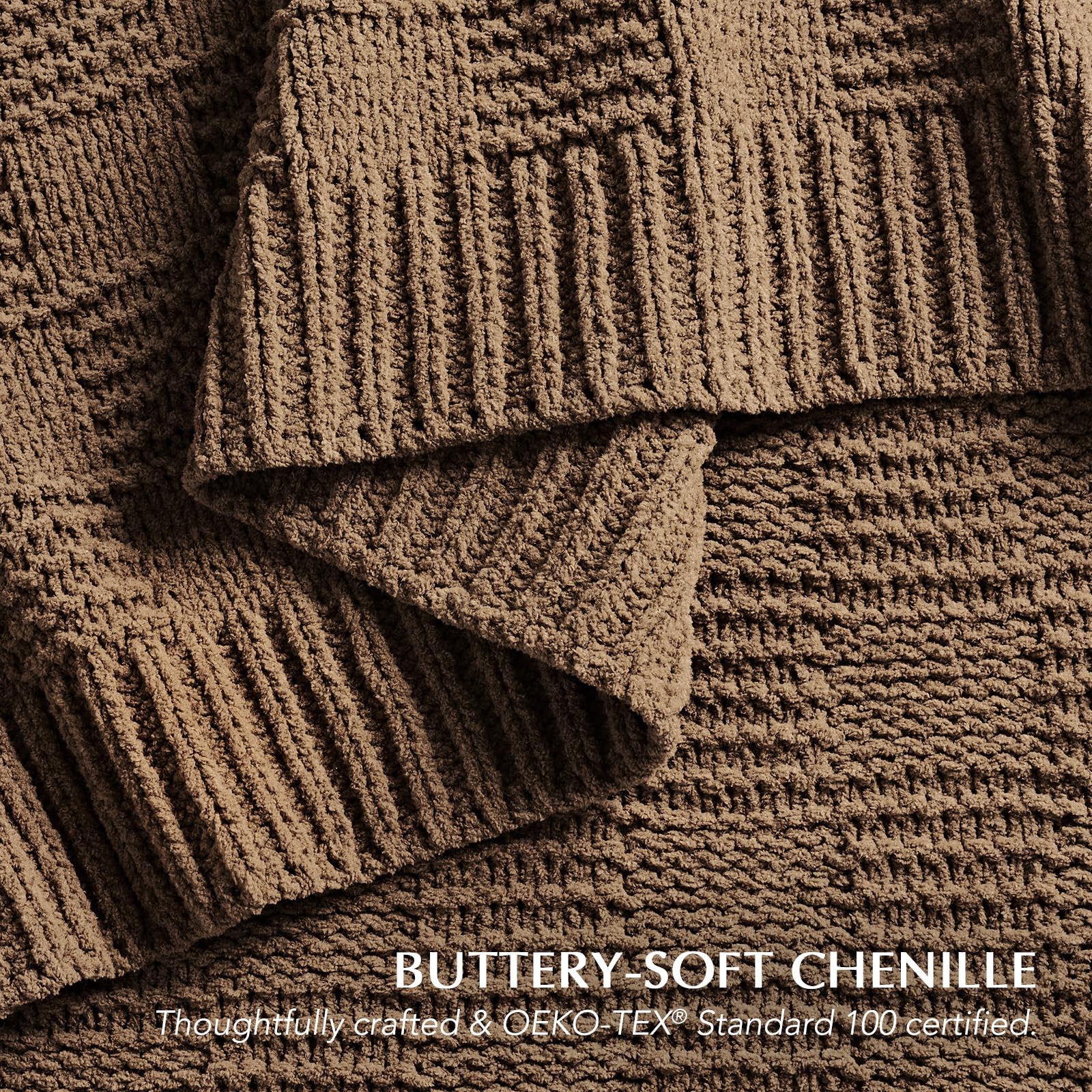 EVERGRACEHOME Modern Checkered Chenille Throw Blanket, 50x60, Camel Brown