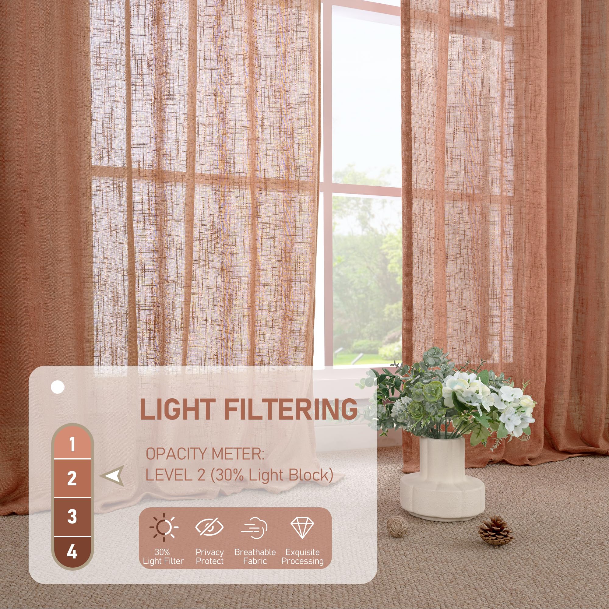 LAMIT Terracotta Linen Semi Sheer Curtains 63 Inch for Bedroom 2 Panels