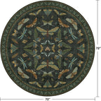Dark Green Insect 6ft Round Washable Area Rug for Living Room - Non Skid Low Pile & Soft Carpet for Bedroom Beside Bed, Forest Butterfly Design Stain Resistant Home Décor
