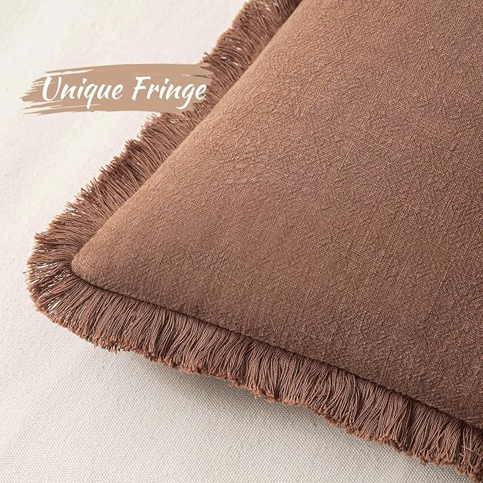 MIULEE Boho Linen Fringe Decorative Fall Throw Pillow Covers Brick 18x18