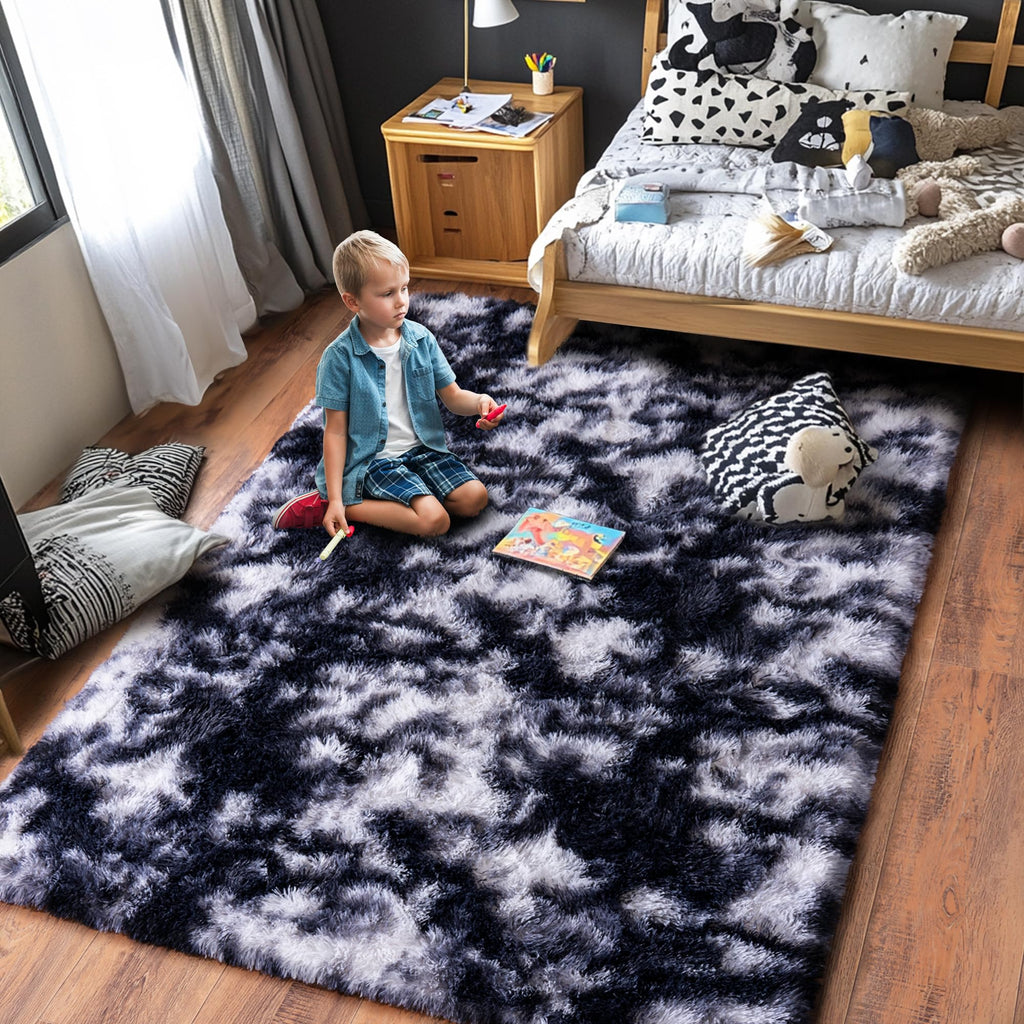 Quntue Black and White Rug for Living Room, 6x9 Area Rug for Bedroom, Bedside Indoor Floor Fluffy Shag Carpet, Plush Soft Rug for Boys Girls Kids Room Nursery Dorm Home Decor
