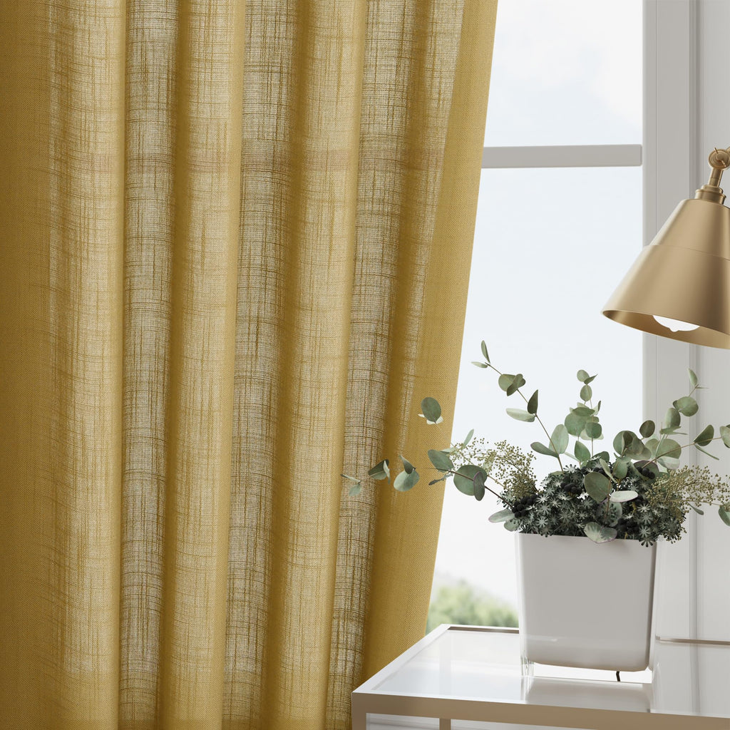 Nanspring Gold Linen Curtains 72 Inch Length for Living Room Semi Sheer Light Filtering Door Drapes 2 Panels Set for Kids Bedroom Light Filtering Back Tab Rod Pocket Modern Farmhouse Decor 52x72