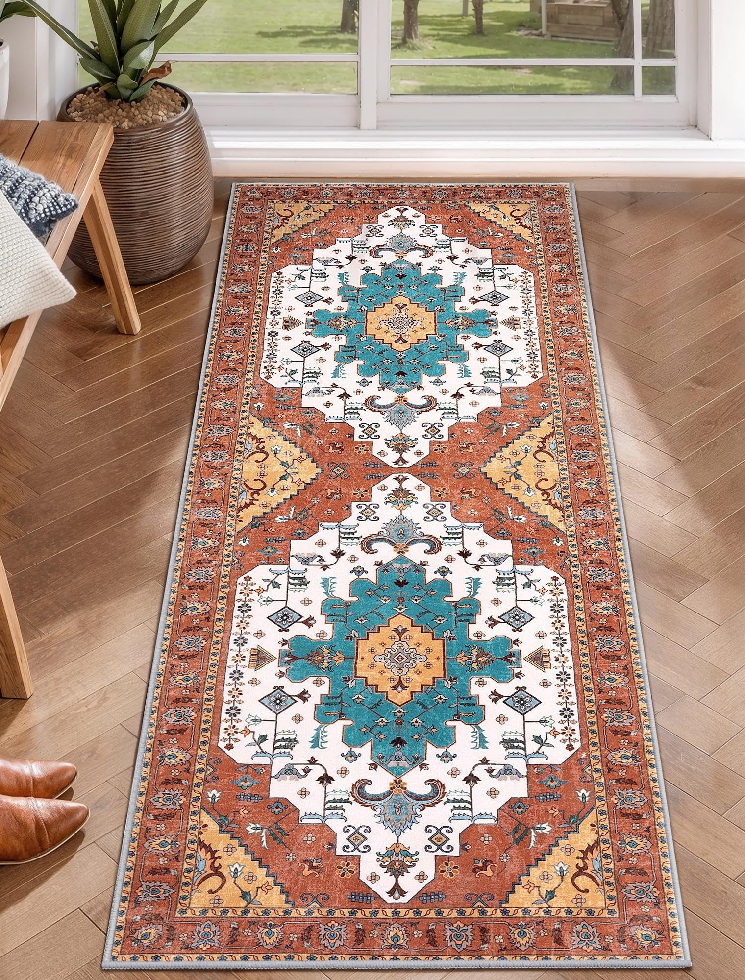 SERISSA 3x5 Washable Non Slip Boho Area Rug for Bedroom，Rust — 2' x 5' (Runner)