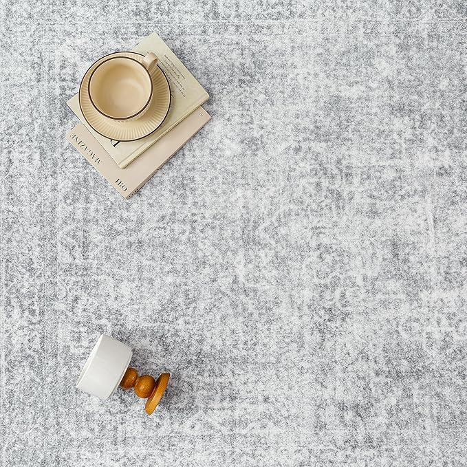 PureCozy 6x9 Area Rug Washable Vintage Living Room Carpet Large Indoor Non Slip Grey Bedroom Distressed Low Pile Retro Accent Throw Rug for Dining Room