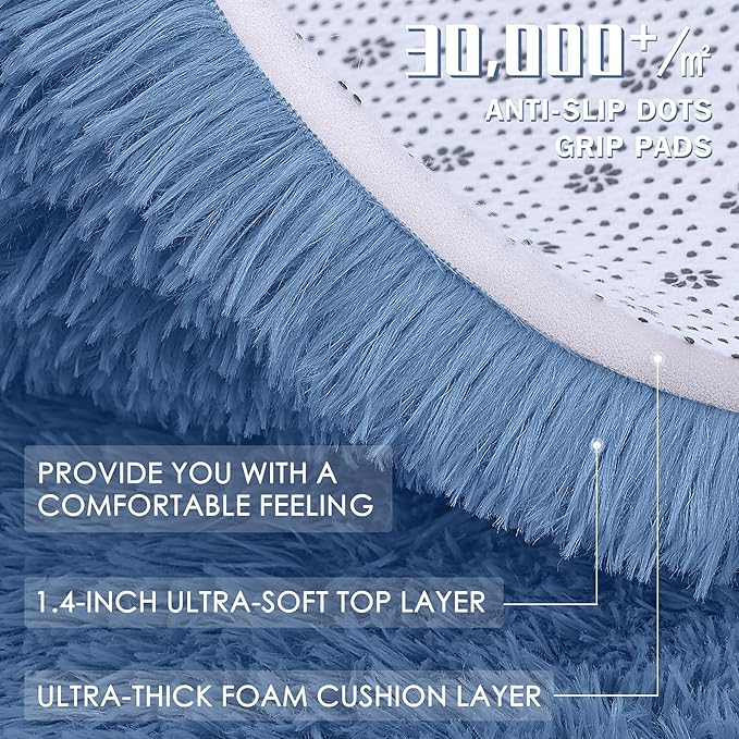 OLANLY Blue Round Rugs for Bedroom - Machine Washable, 3 ft Circle Area Rugs for Living Room, Soft and Fluffy Shaggy Carpet for Teen Girl and Boys, Nursery Rooms, Dorms, Home Decor Aesthetic