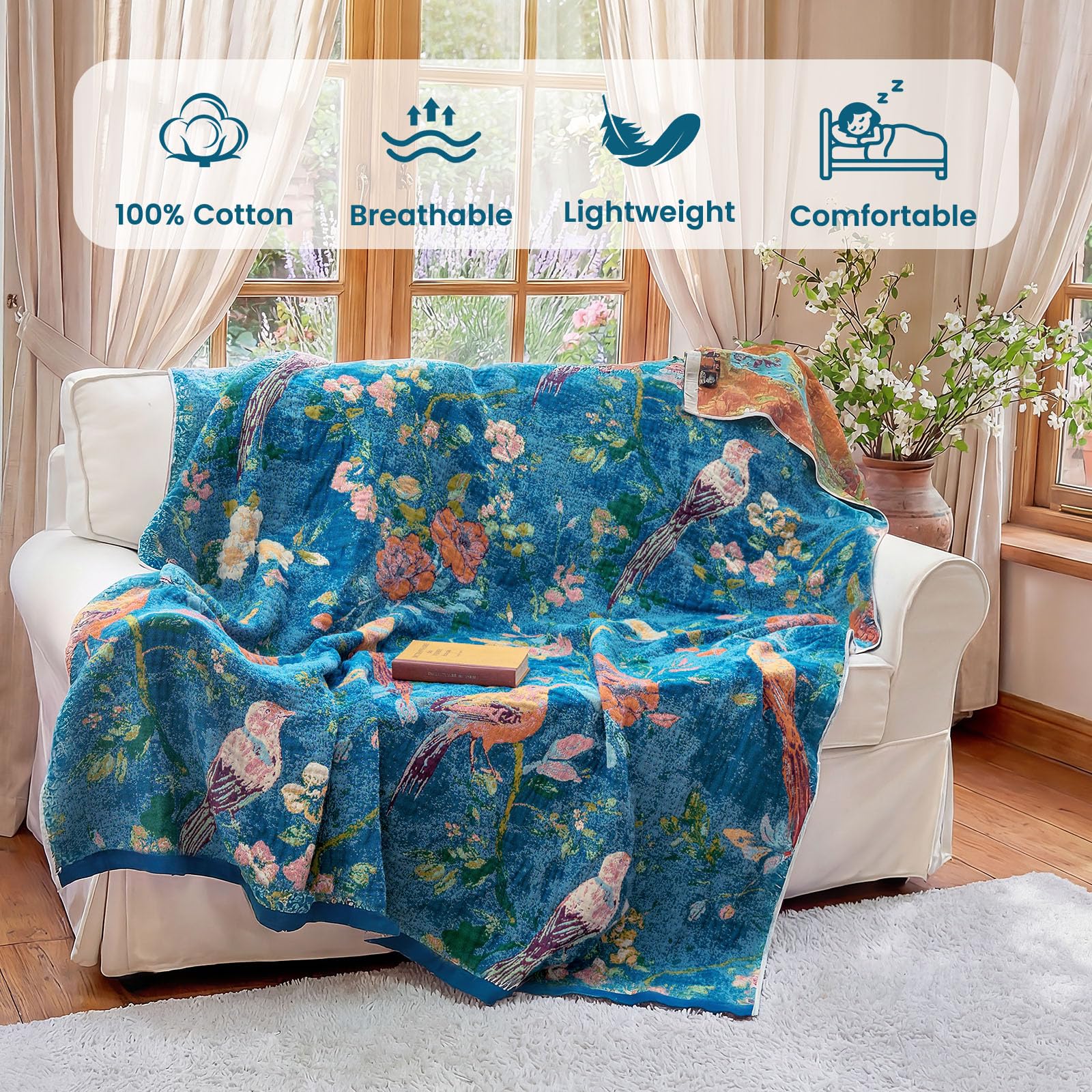 MSGKV Boho Throw Blanket 50"x60" 100% Cotton Floral Bird Throw for Couch