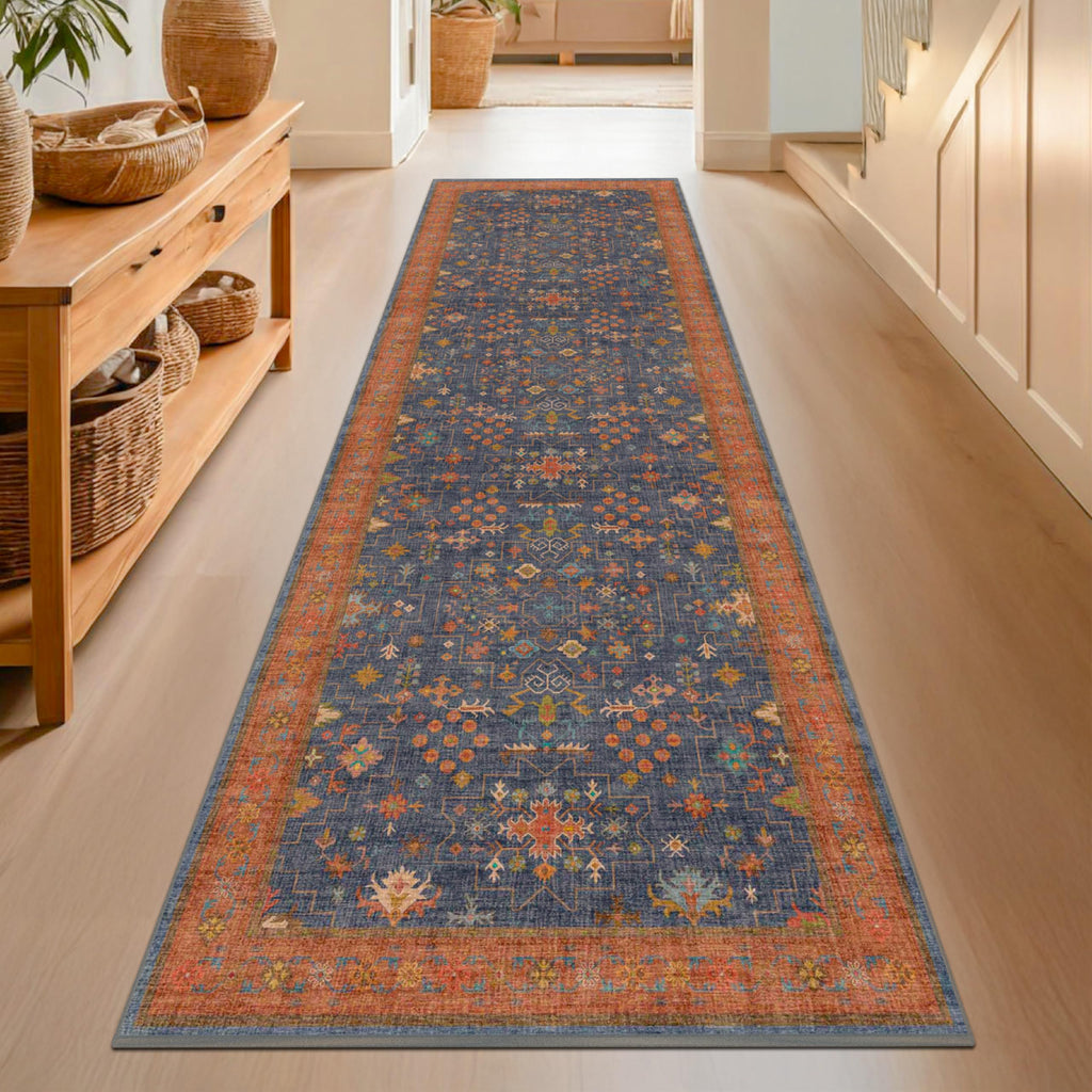 Washable 8 ft Long Runner for Kitchen Floor - Navy Blue Hallway Runner Rug, Pet Friendly Waterproof Non Slip with Rubber Backing, Stain Resistant Laundry Room Rug (2'6"x8' Navy Blue & Terracotta)