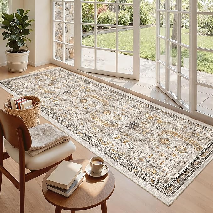 Madane Hallway Runner 3x8, Kitchen Rugs Washable Entry Rug, Brown/Gold