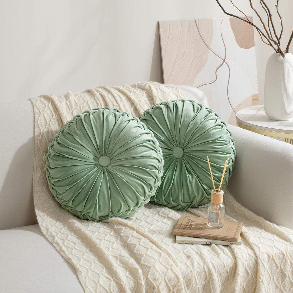 HIG Set of 2 Sage Velvet Decorative Round Pleated Throw Pillows