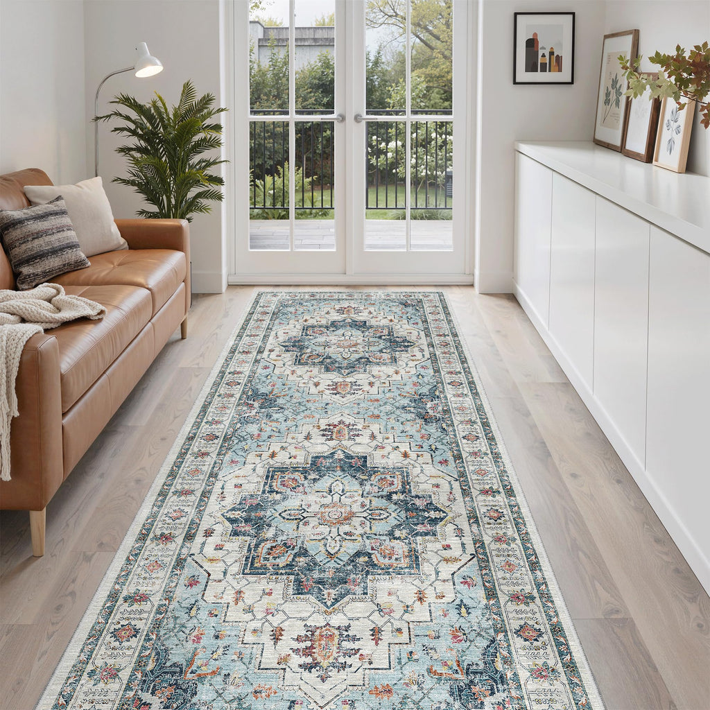 Madane Hallway Runner 3x8, Kitchen Rugs Washable Entry Rug, Blue