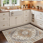 Madane Washable Entry Rug 3x4, Area Rugs for Entryway Kitchen Bathroom Door Mat Indoor Entrance, Vintage Floral Print Office Runner with Non Slip Rubber Backing, Turmeric/Grey