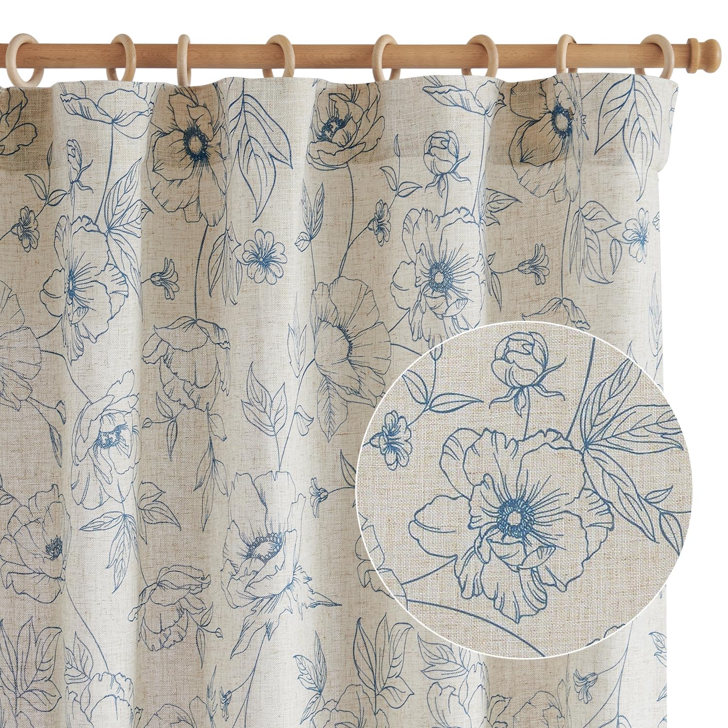 jinchan Floral Linen Curtains for Living Room 63 Inch Length Blue Flower Curtain Rod Pocket Back Tab Farmhouse Curtains with Printed Floral Bedroom Window Curtain Set, 2 Panels Blue