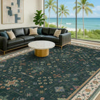 Hazo Haus Dark Green Oushak Living Room Rug 10x14 - Modern Vintage Boho Eclectic Floral Pastel, Washable Low Pile Non-Slip Extra Large Area Rugs for Dining Under Table Bedroom Lounge