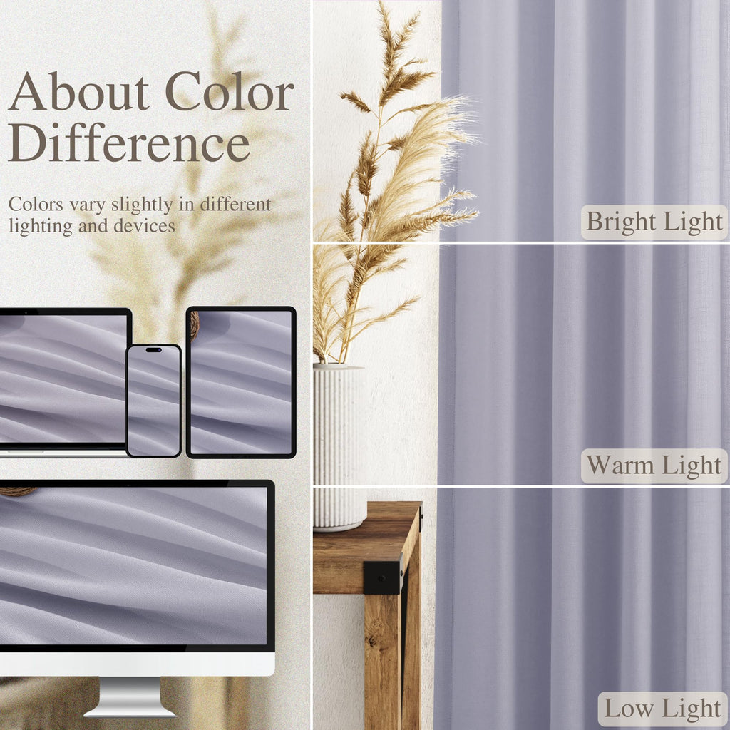 Nanspring Lavender Purple Linen Curtains 90 Inches Long for Living Room Boho Decor Light Filtering Semi Sheer Curtain Back Tab and Rod Pocket Modern Luxury Drapes for Bedroom Office 52x90, 2 Panels