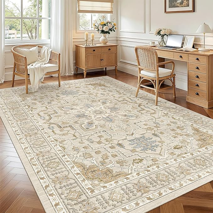 Madane 6x9 Area Rugs for Living Room, Vintage Washable Rug, Beige/Blue