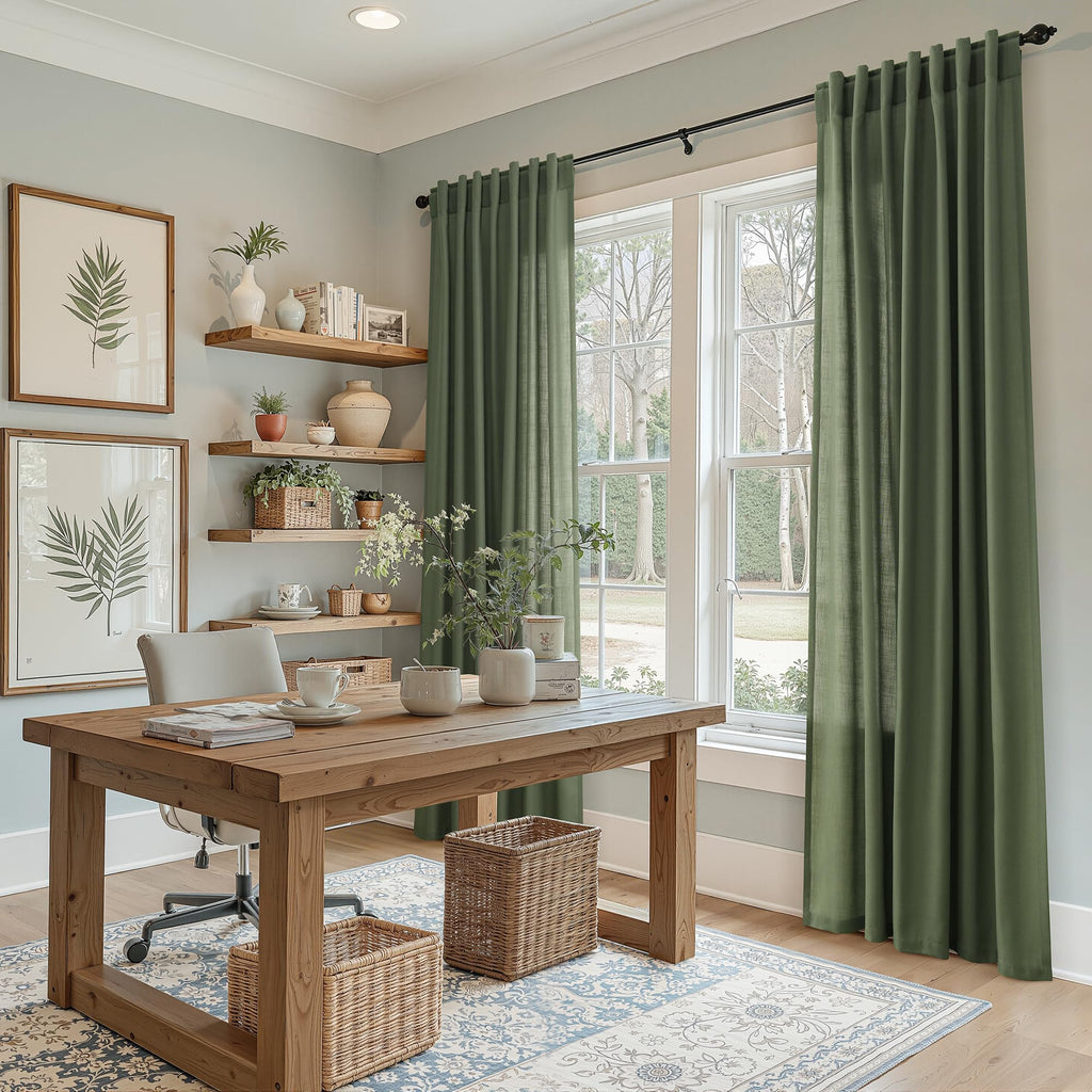 Nanspring Forest Green Linen Curtains for Living Room 90 Inches Long Light Filtering Semi Sheer Curtain Back Tab and Rod Pocket Wabi Sabi Boho Decor Luxury Drapes for Bedroom Office 52x90, 2 Panels