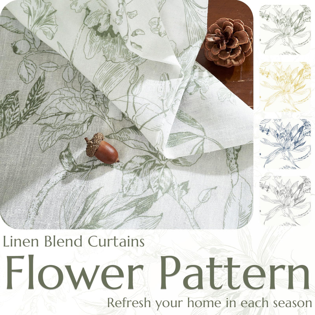 jinchan Green Floral Linen Curtains 84 Inch Farmhouse Rod Pocket 2 Panels