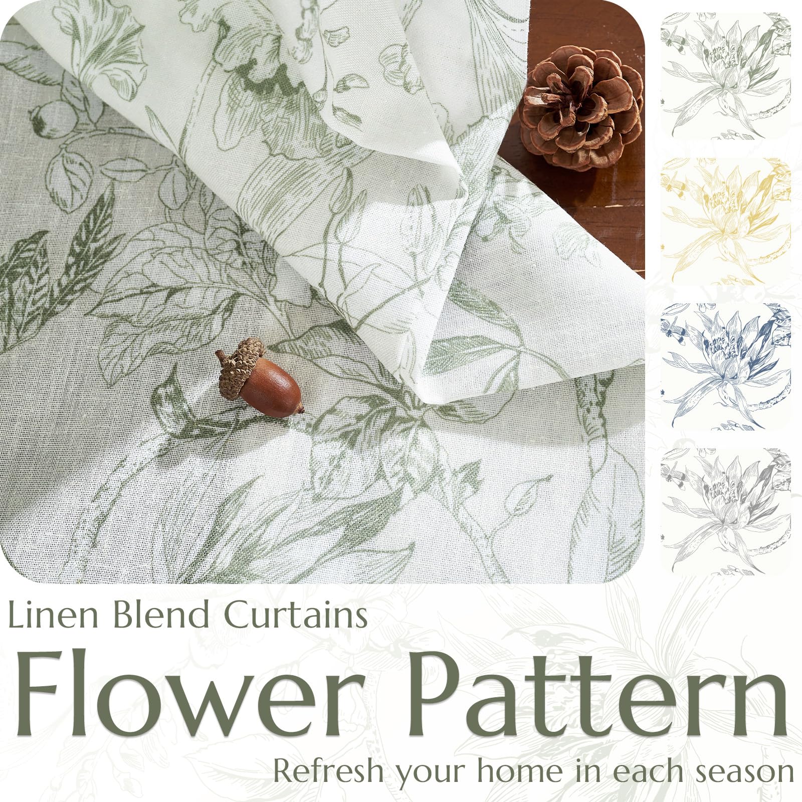 jinchan Green Floral Linen Curtains 84 Inch Farmhouse Rod Pocket 2 Panels