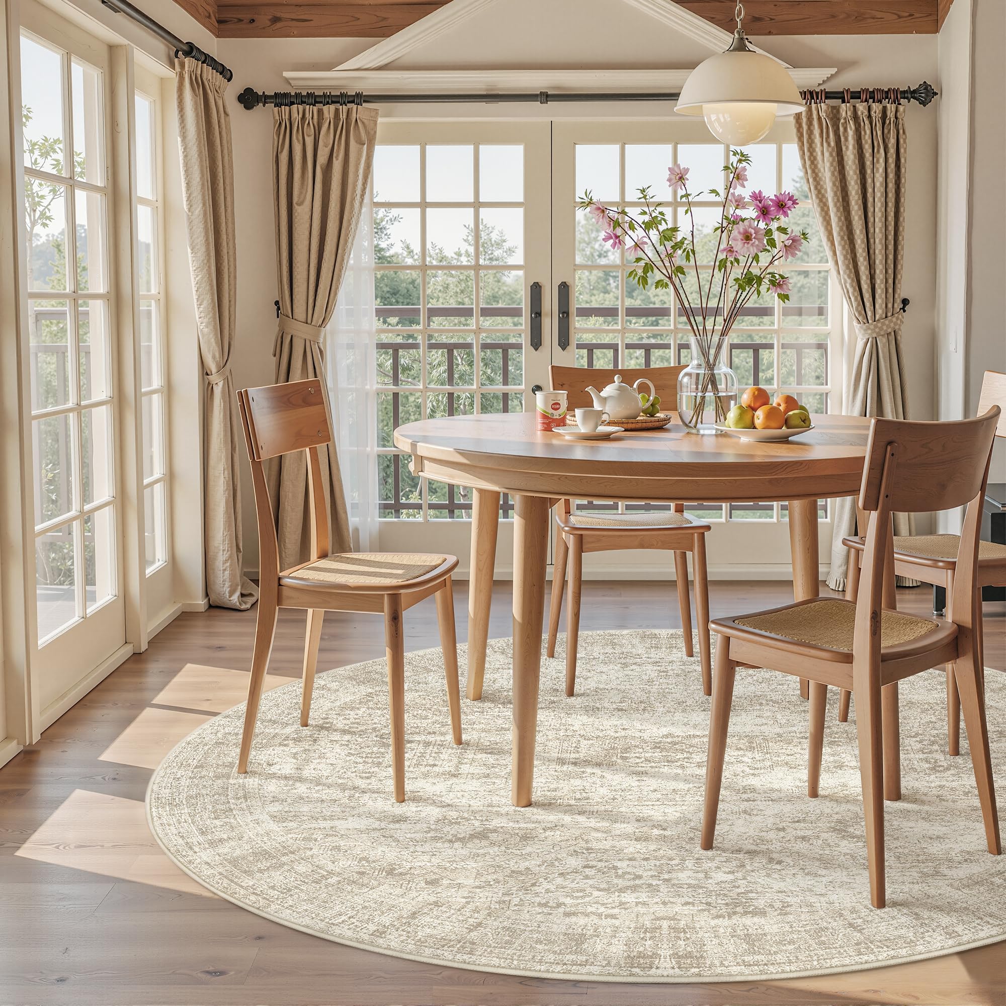 Soalmost 6x6 Beige Round Rug 6ft Circle Living Room Area Rugs Non-Slip