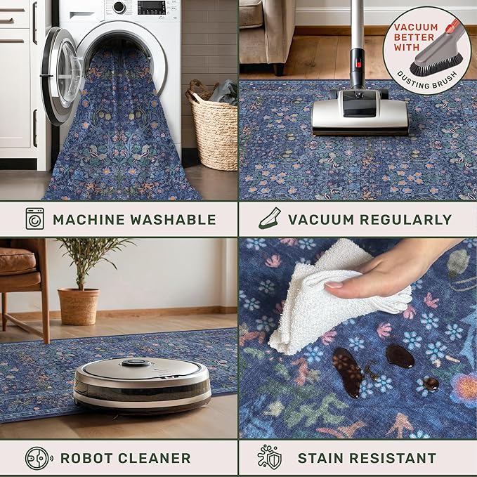 Washable Dark Blue Rug for Living Room - 10x12 Large Area Rug for Dining Room Under Table, Bedroom, Soft Low Pile Non-Slip Stain Resistant Carpet - Vintage Navy Floral Design