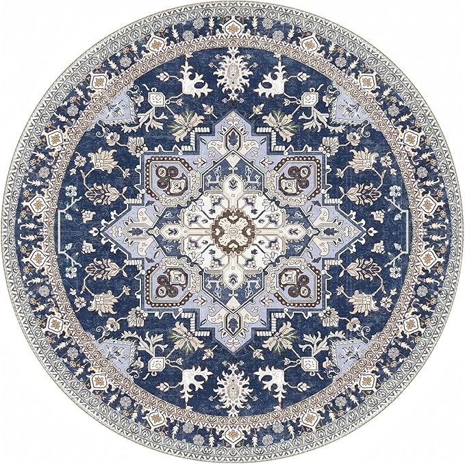 OPPODREAM Soft Area Rugs 4', Persian-Inspired Washable Rug, Blue & Gold