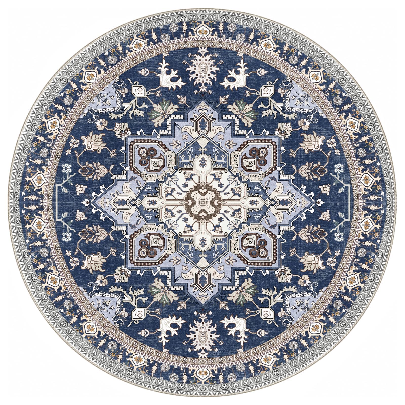OPPODREAM Soft Area Rugs 4', Persian-Inspired Washable Rug, Blue & Gold