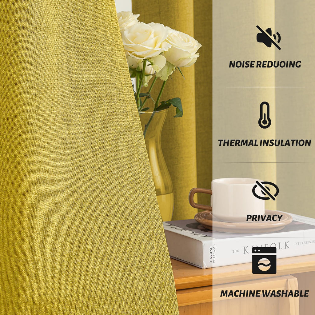 Yakamok Mustard Yellow Linen Textured Curtains 84 Inches Long for Bedroom
