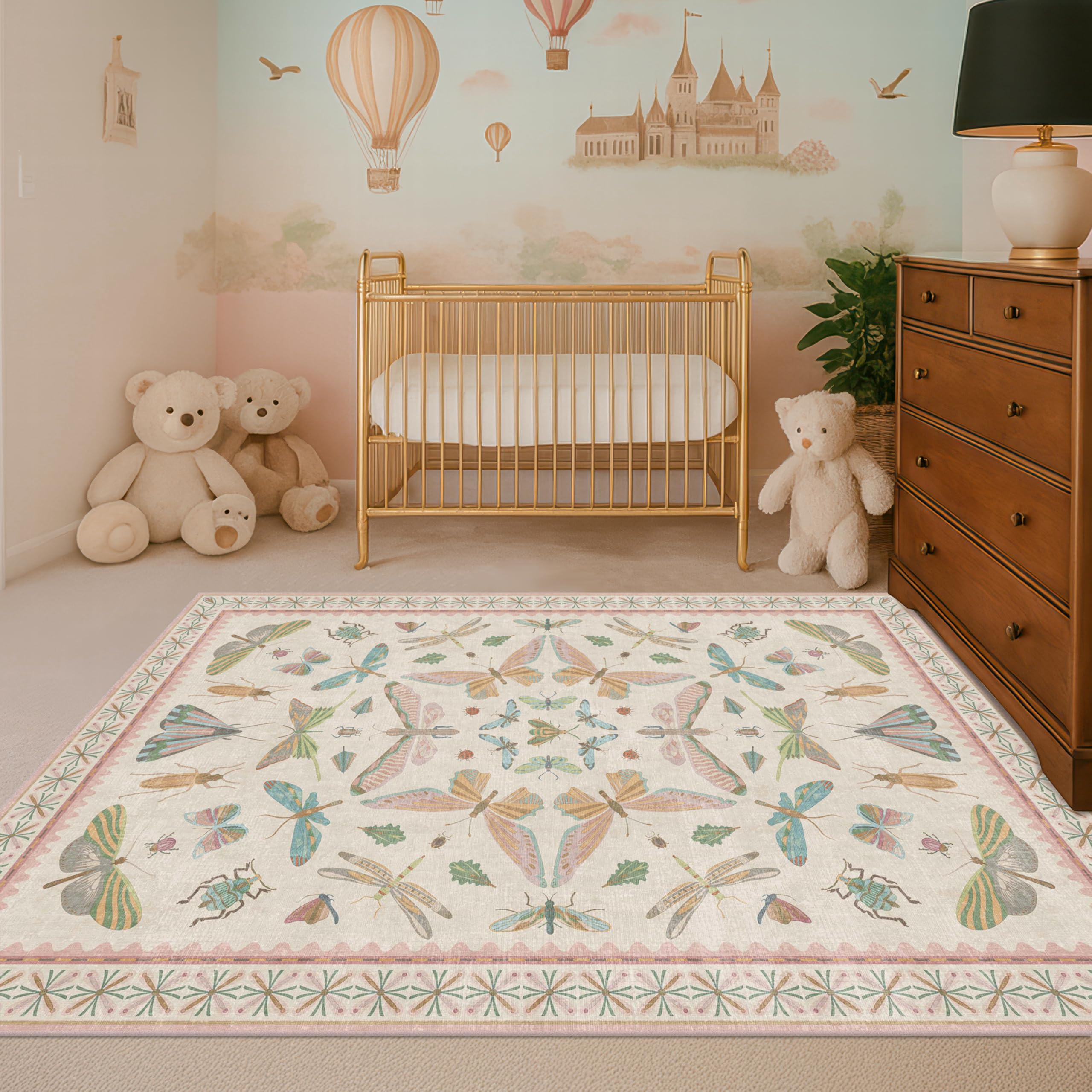 3x5 Flower Area Rug for Girls Bedroom - Washable Light Pink Large Entryway Rug for Laundry Room, Kitchen, Bedroom, Dorm, Insect Print Vintage Floral Non-Slip Throw Rug Low Pile Stain Resistance