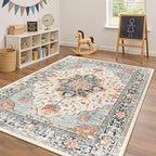 Area Rugs 4'x6' Washable Non-Slip, Floral Vintage Distress Print Pattern Medallion Carpet for Living Room Bedroom Dining Room, Beige Navy Blue Orange Colorful