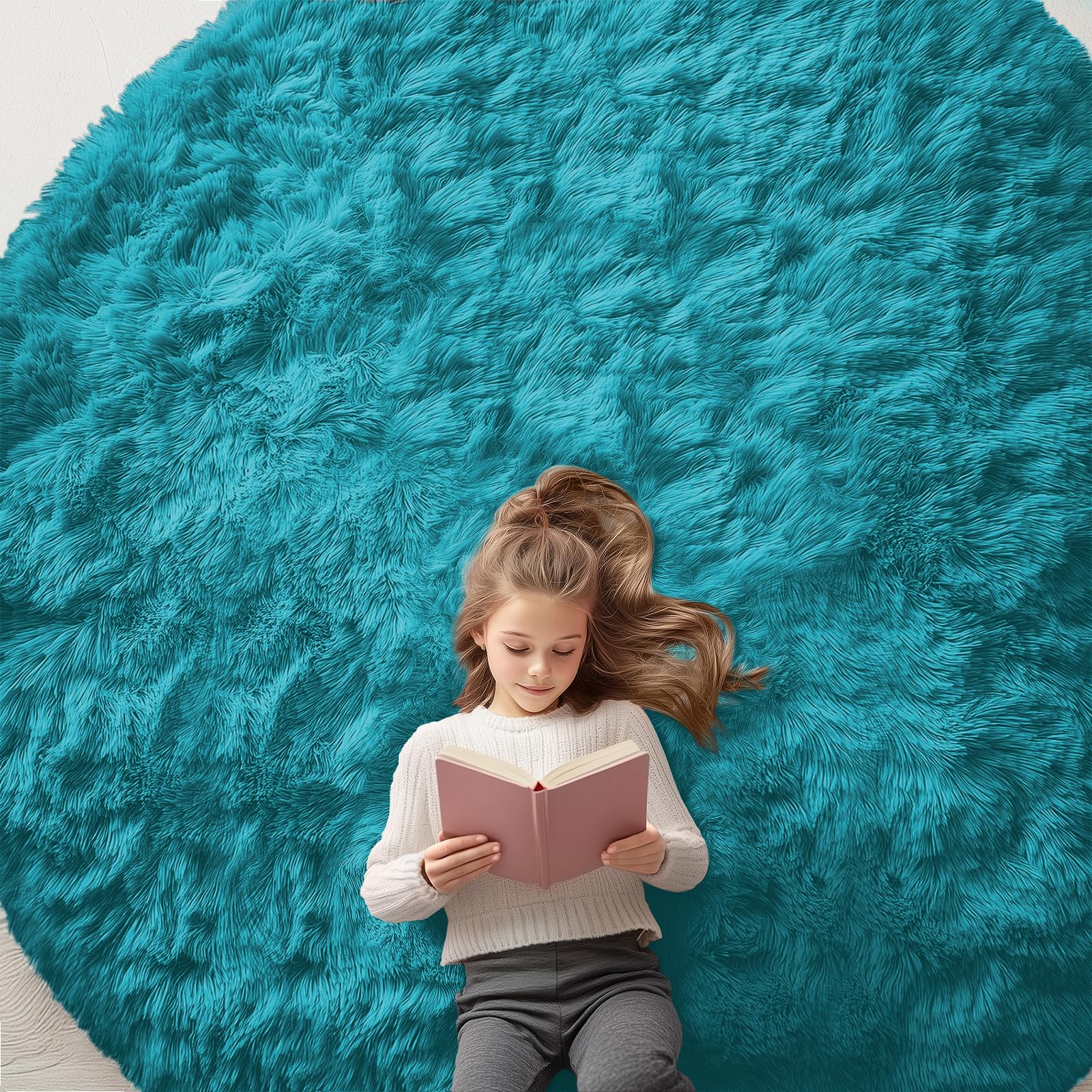 OLANLY Teal Round Rugs for Bedroom - Machine Washable, 8 ft Circle Area Rugs for Living Room, Soft and Fluffy Shaggy Carpet for Teen Girl and Boys, Nursery Rooms, Dorms, Home Decor Aesthetic