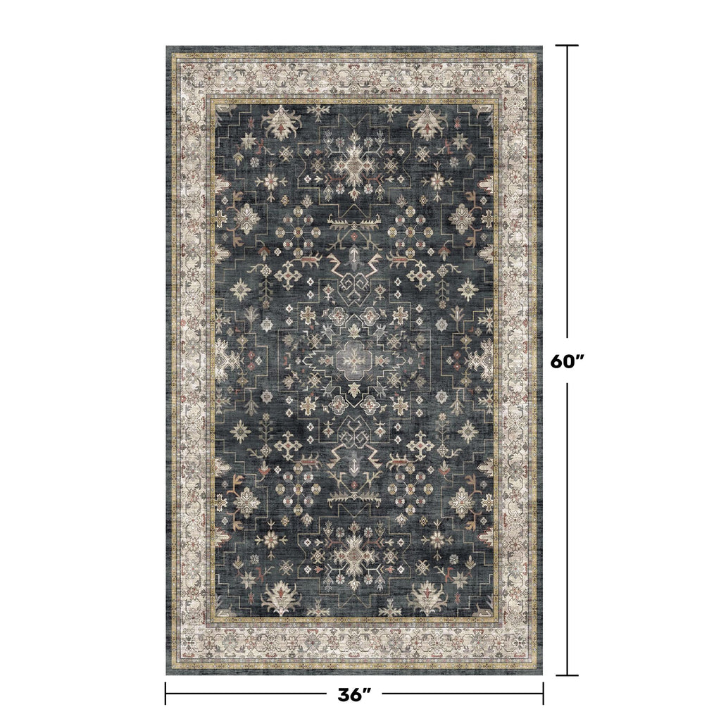 Large 3x5 Entryway Rug Indoor - Washable Non-Slip Low Pile Ultra Soft Area Rug for Large Kitchen, Bedroom Bedside, Mudroom - Distressed Boho Modern Aesthetic Geometric Decor, Ashen/Multi