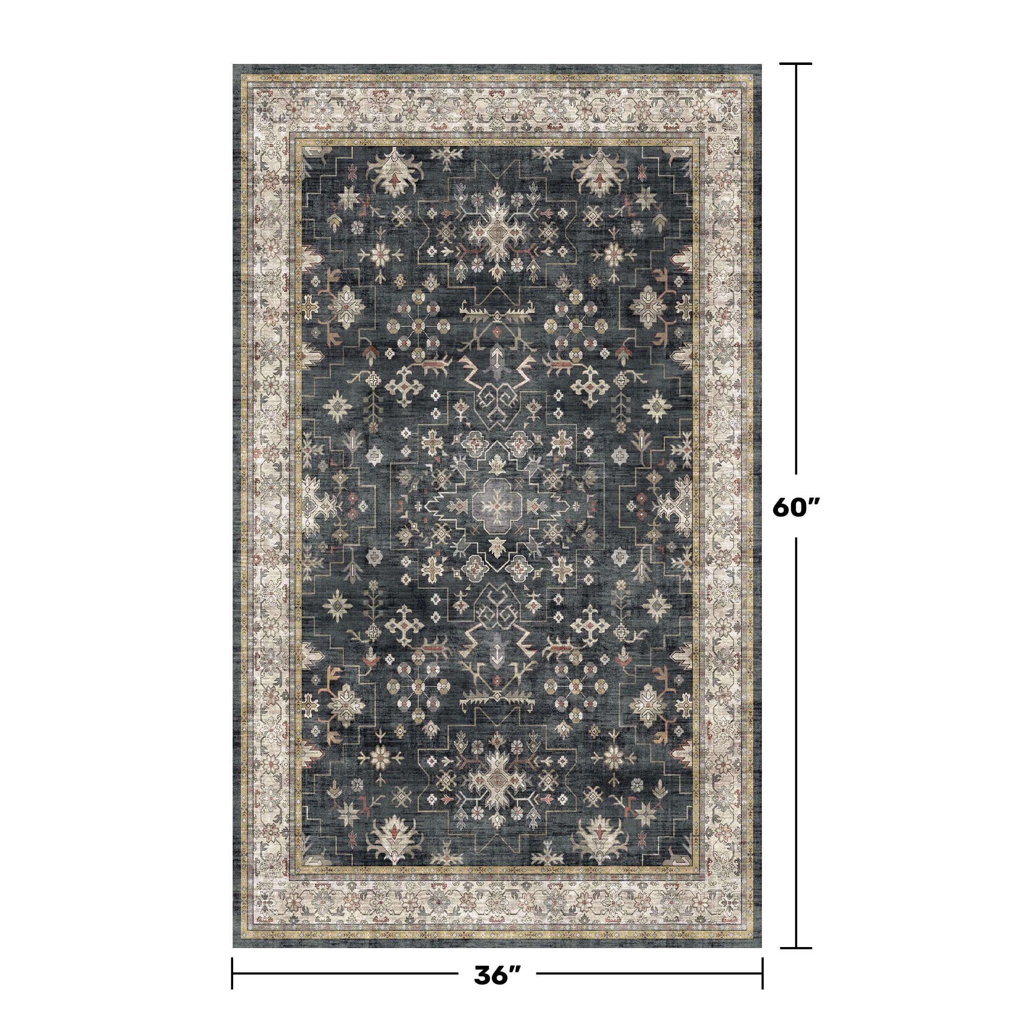 Large 3x5 Entryway Rug Indoor - Washable Non-Slip Low Pile Ultra Soft Area Rug for Large Kitchen, Bedroom Bedside, Mudroom - Distressed Boho Modern Aesthetic Geometric Decor, Ashen/Multi