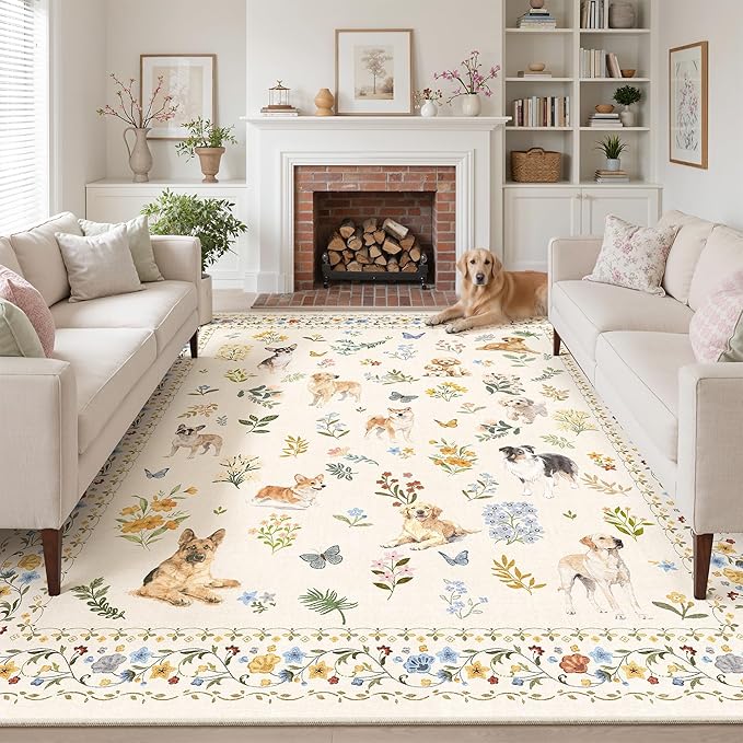 Soalmost Dog 9x12 Area Rugs for Living Room, Washable Animal Soft Rug Beige