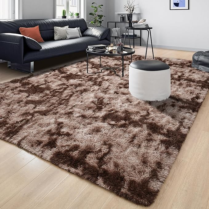 Tepook 9x12 Area Rugs for Living Room Bedroom, Soft Fluffy Plush Shaggy Girls Boys Kids Room Rug, Shag Upgrade Non-Slip Throw Carpet for Dorms Nursery Classroom Home Decor, Tie-Dyed Brown