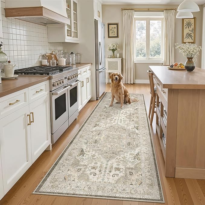 Madane Kitchen Runner 2'6''x8' Soft Rug Runners for Hallways, Ivory/Brown