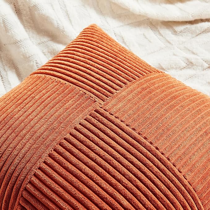 Fancy Homi Set of 2 Burnt Orange Lumbar Decorative Throw Pillow Covers 16x32 Inch for Living Room Couch Bed, Boho Farmhouse Fall Home Decor, Soft Corduroy Corss Patchwork Cushion Case 40x80 cm