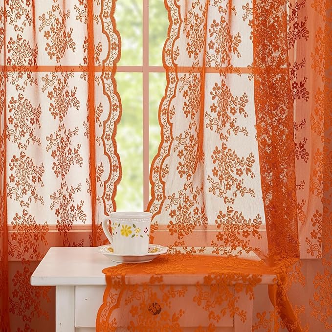 YJ YANJUN Vintage Lace Curtains 108 Inches Long- Burnt Orange Floral Sheer Curtain Panels for Living Room Dining Room Sliding Glass Door Boho Autumn Fall Decor 2 Panels 52W x 108L Light Brown Red