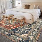 Yamaziot Area Rug 5x7, Non-Slip Washable Boho Vintage Living Room Bedroom Rug with Rubber Backing, Low Pile Faux Wool Soft Distressed Rug Floor Carpet for Living Room, Bedroom, Brick Red