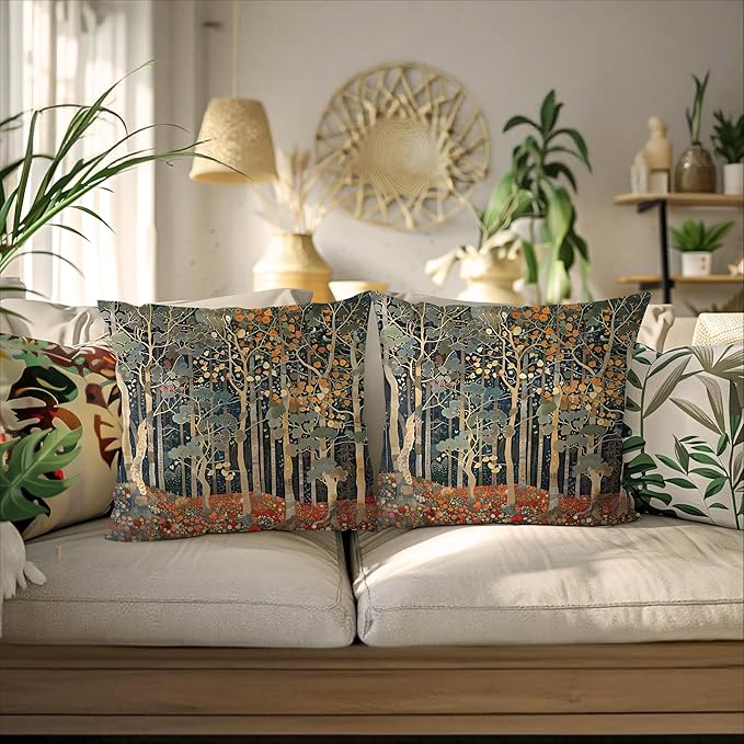 BUJSP Rustic Autumn Forest Pillow Covers 18x18 Set of 2, Fall Home Room Decor, Vintage Botanical Nature William Morris Inspired Decorative Throw Pillow Covers for Home Bedroom Living Room