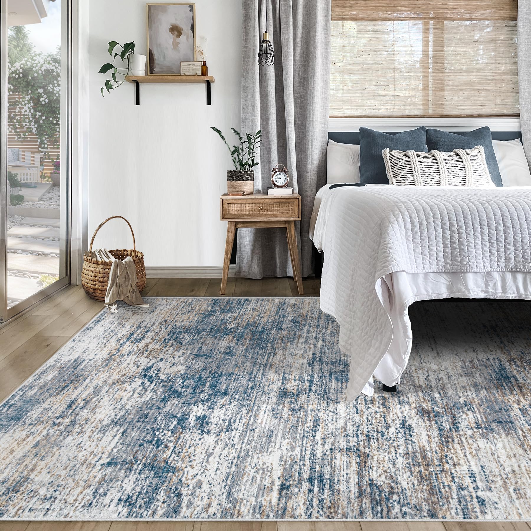XLUEZ 5x7 Area Rugs for Living Room, Washable Modern Abstract Large Area Rug Neutral Soft Non Slip Kids Rug Stain Resistant Indoor Carpet for Bedroom Nursery Dining Room Playroom(BlueWhite, 5'x7')