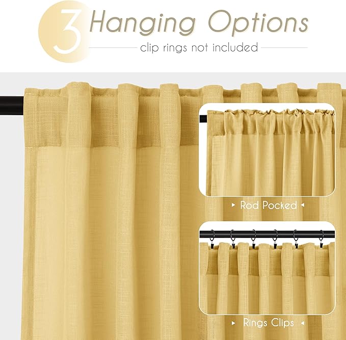 Gold Curtains for Living Room Back Tab Modern Farmhouse Semi Sheer Curtains 102 inches Long 2 Panels Set Muted Neutral Window Curtain for Dining Room Bedroom 52x102